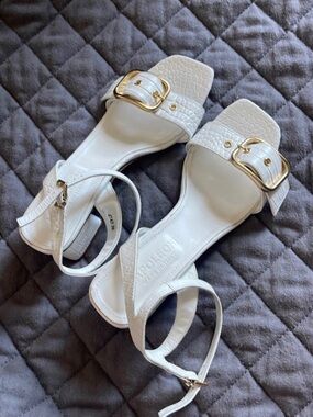 White Croc-Texture Ankle-Strap Heels with Gold Buckle
